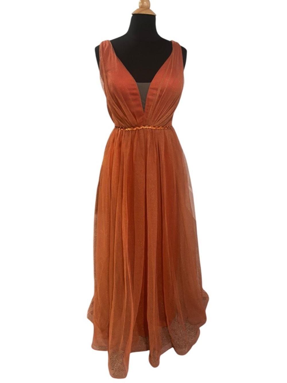 Mgiacy Burnt Orange/Rust Brown Tulle A-Line V-Neck Evening Prom Dress-size M - Picture 2 of 9
